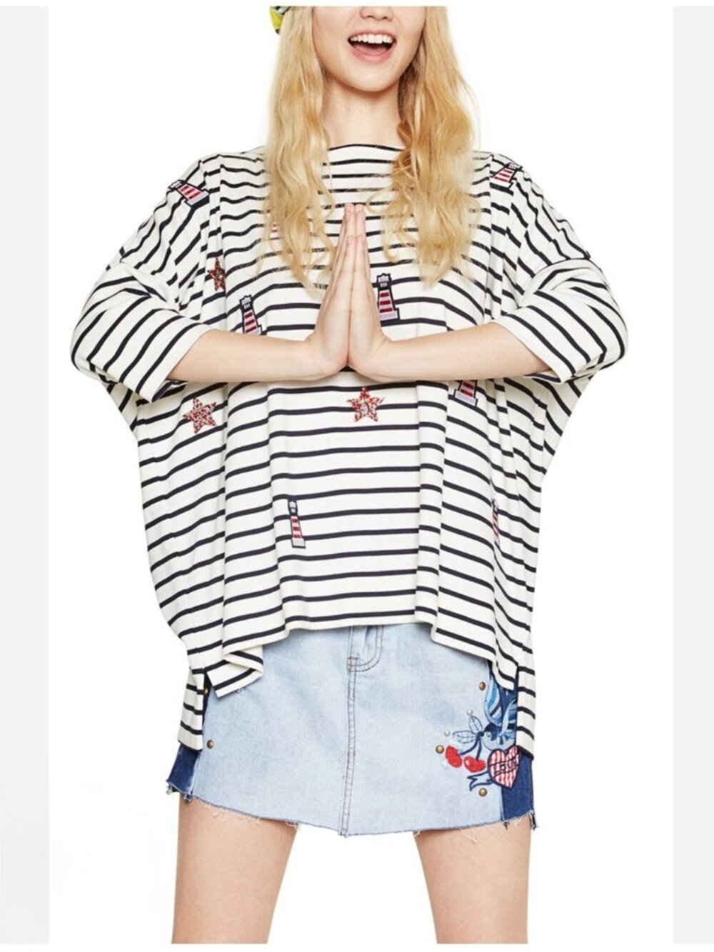 Desigual Navy and white Striped Short Sleeve Tee with Red Embroidery